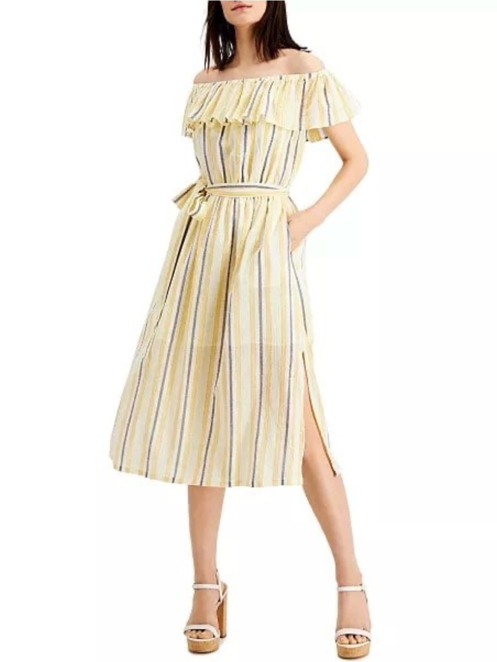 Michael Michael Kors NWT Striped Ruffle Neck Midi Dress Cotton Blend Size